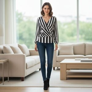 INC International Concepts Black and White Wrap Blouse Long Sleeve